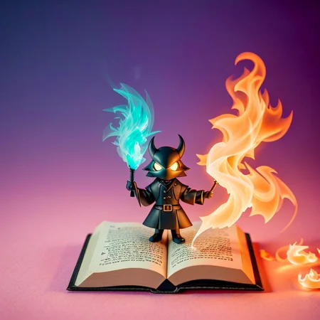 a red imp devil with back eyes is summoned from occult summoning circle with the devil asking the page in the book that the spell was on that summoned him into this world with smoke and blue gemstone as catalyst<lora:plastiq_10:0.31> pffpffpff:2
