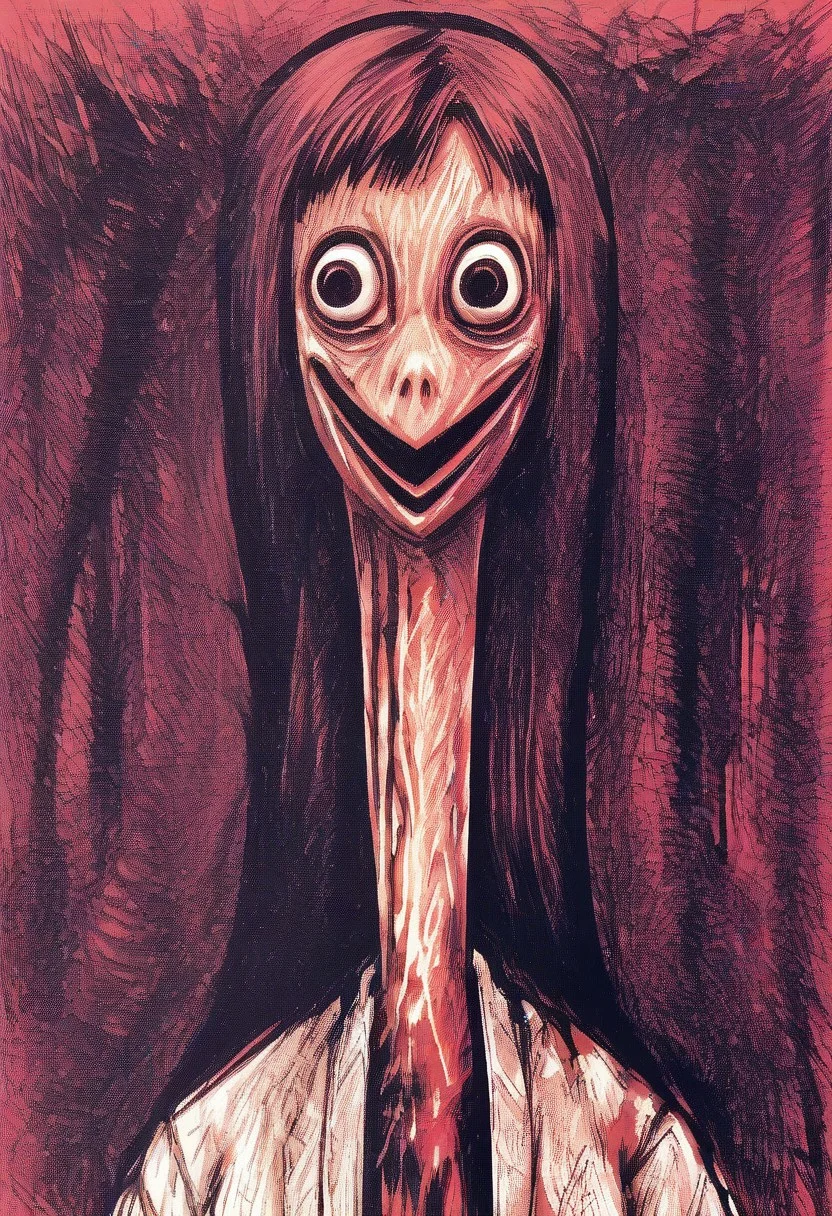 tomino, horror (theme), long hair, smile,  japanese clothes, kimono, blood, blood on clothes,  red theme, momocreepypasta, long hair, black hair, black eyes, wide eyed, wide smile, scuted arms, scuted legs, scutes, bird claws, talons