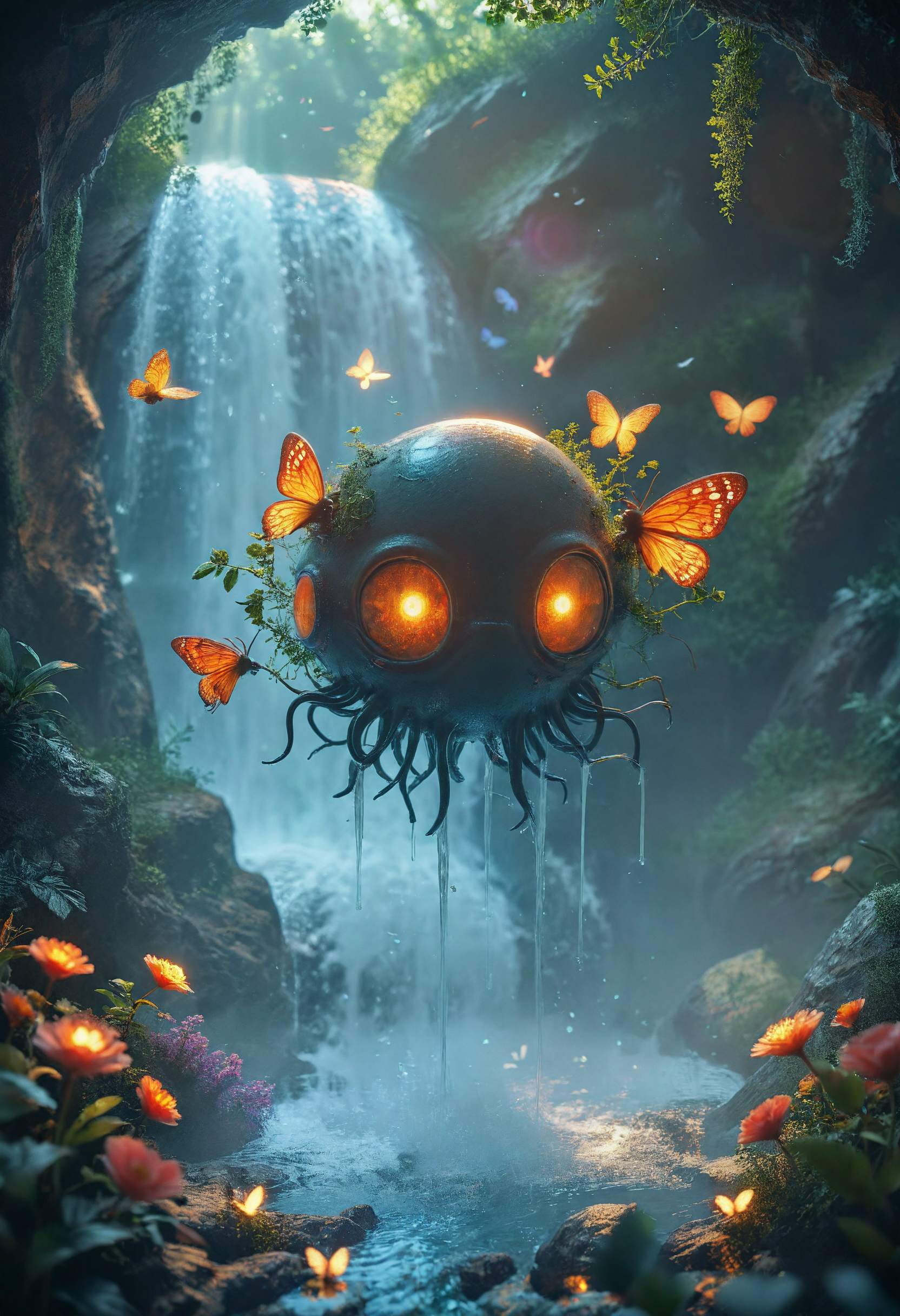 score_8_up, highres, 8k, high detail, <lora:SimplePositive_XL_v1_AutoRunMech:4>,  <lora:add-detail-xl:1>, <lora:xl_more_art-full_v1:0.45>, <lora:zy_Realism_Enhancer_v1:1>,
depth of field, dynamic lighting
<lora:Dream Scenery XL:1> Dream Scenery, distorted, surreal,abnormal, (humanoid), creative,  <lora:RMSDXL_Creative:4>,
A surreal and dreamlike scene. (Eldritch Creature) with vibrant flora and fauna thriving inside and around it. Waterfall flowing from its mouth. Exotic flowers bloom from the creature. Small birds, butterflies, and insects interact harmoniously with this lush, miniature ecosystem. The atmosphere feels ethereal, with soft, glowing light illuminating the scene, as though captured in a dreamscape. Mist swirls gently across, blending into the scene.