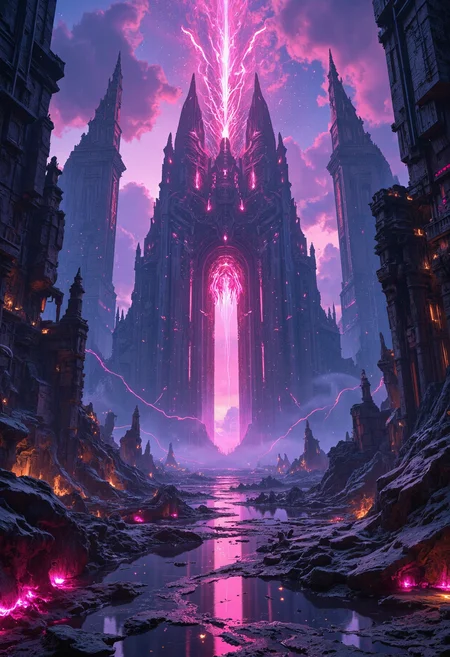 Videogame speed painting scenery prototype artwork illustrating a modular ziggurat environment where a biomorphic transdimensional rift appears, reflecting particles, alien atmosphere. With soft neon multi-color lighting, masterpiece, atmospheric <lora:flux_skinny_slider>