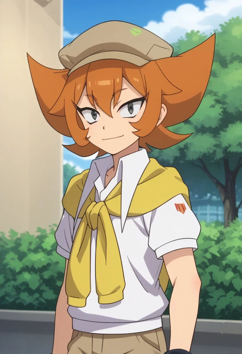 score_9, score_8_up, score_7_up, source_anime, highly detailed, 
ranma, 1boy, male focus, solo, orange hair, hat, brown headwear, grey eyes, shirt, white shirt, short sleeves, sweater, yellow sweater, sweater around neck, bracelet, shorts, brown shorts, upper body, smile,
outdoor, sky, tree, cloud