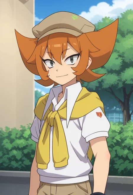score_9, score_8_up, score_7_up, source_anime, highly detailed,
ranma, 1boy, male focus, solo, orange hair, hat, brown headwear, grey eyes, shirt, white shirt, short sleeves, sweater, yellow sweater, sweater around neck, bracelet, shorts, brown shorts, upper body, smile,
outdoor, sky, tree, cloud