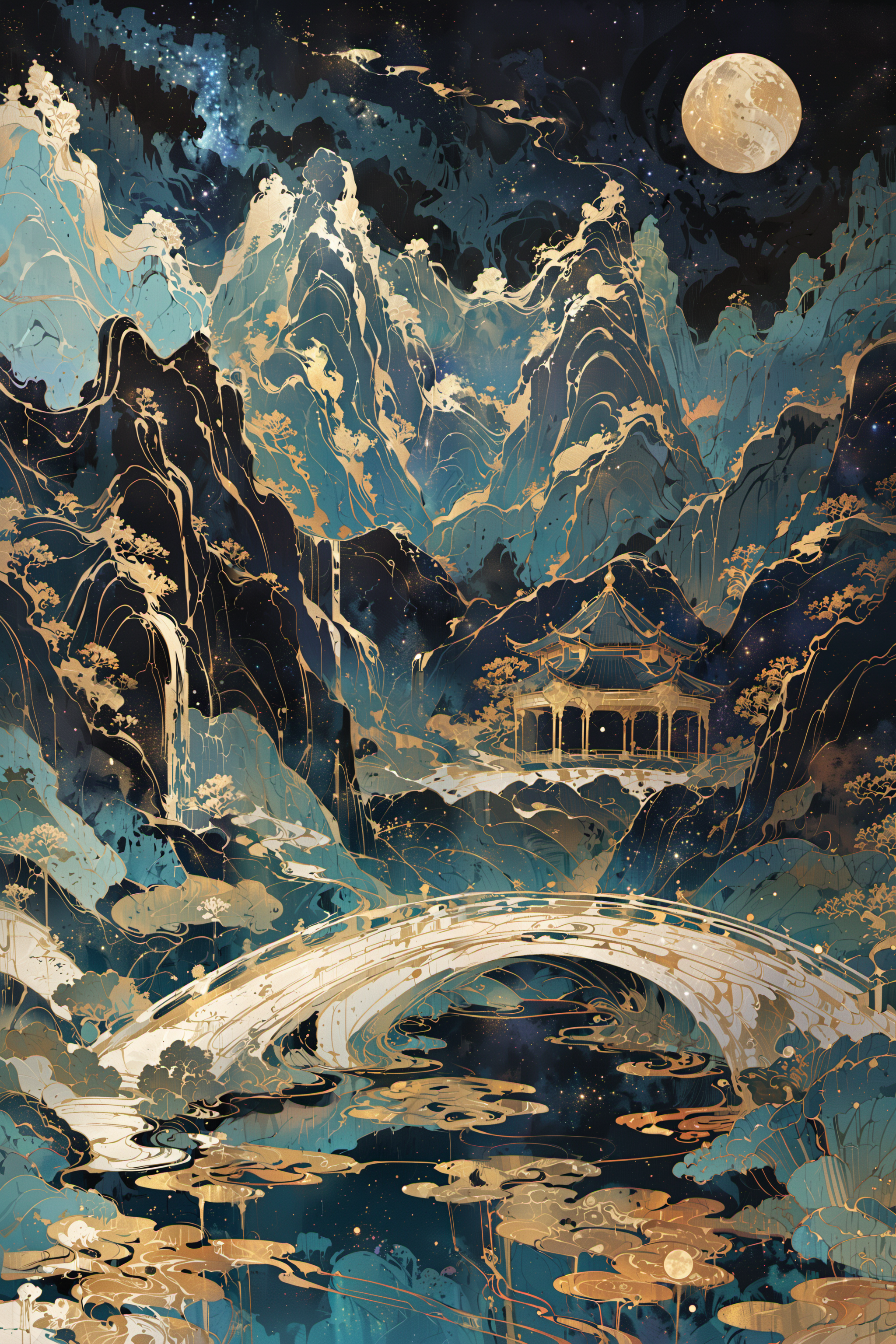 abstract art,(style of Yuko Shimizu:1.3),gold theme,dark sky,dark stars,<lora:20240222-1708571578268:1>,