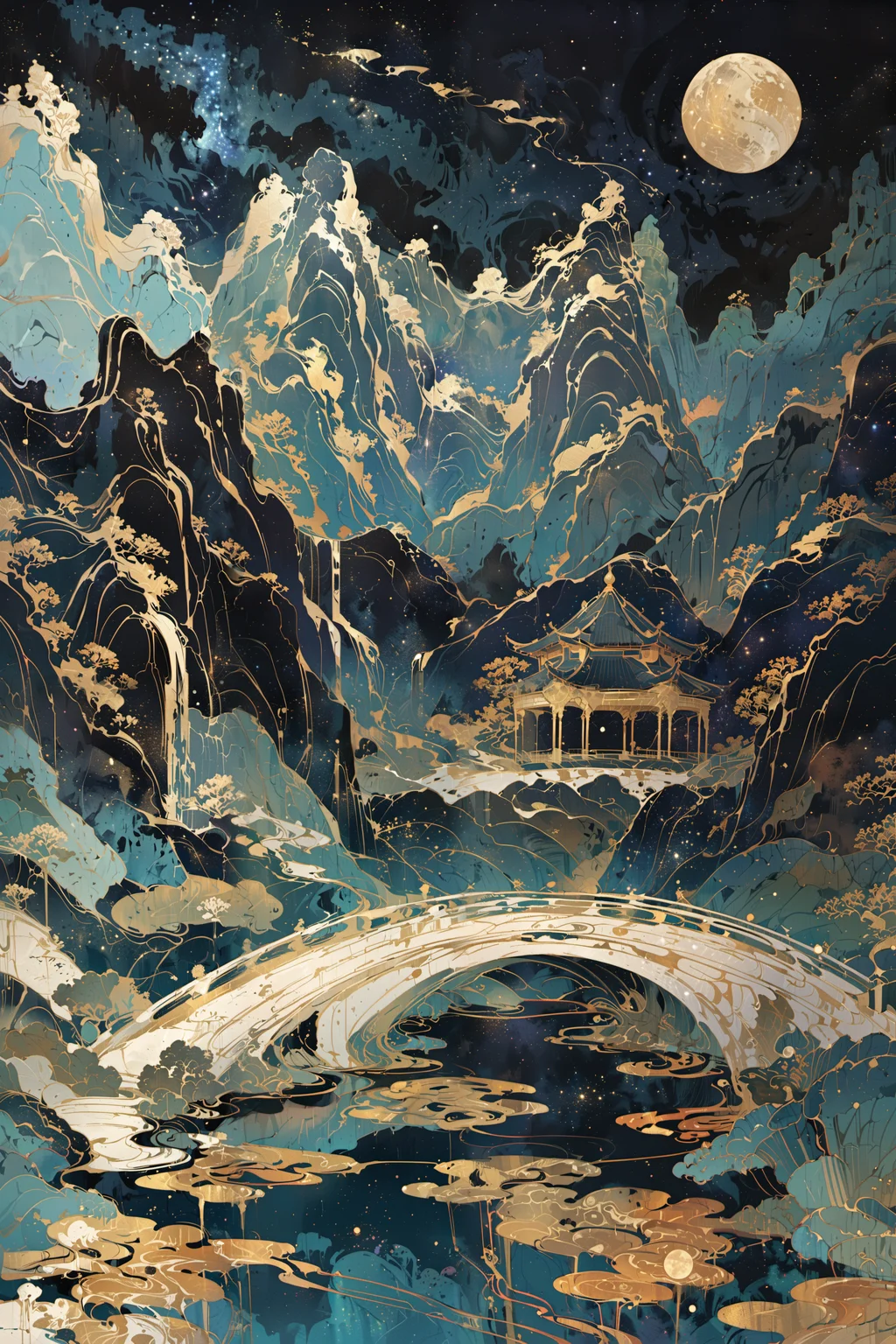 abstract art,(style of Yuko Shimizu:1.3),gold theme,dark sky,dark stars,<lora:20240222-1708571578268:1>,