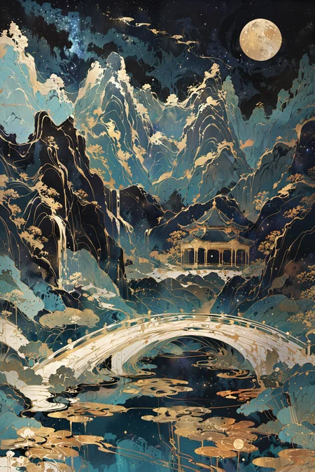 abstract art,(style of Yuko Shimizu:1.3),gold theme,dark sky,dark stars,<lora:20240222-1708571578268:1>,