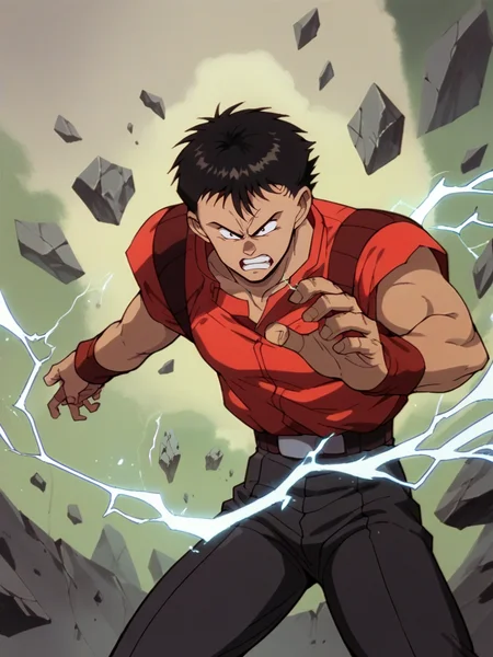 score_9, score_8_up, score_7_up, score_6_up, score_5_up,  <lora:akiraXLP:1> akira, retro artstyle, 1boy, angry, electricity,