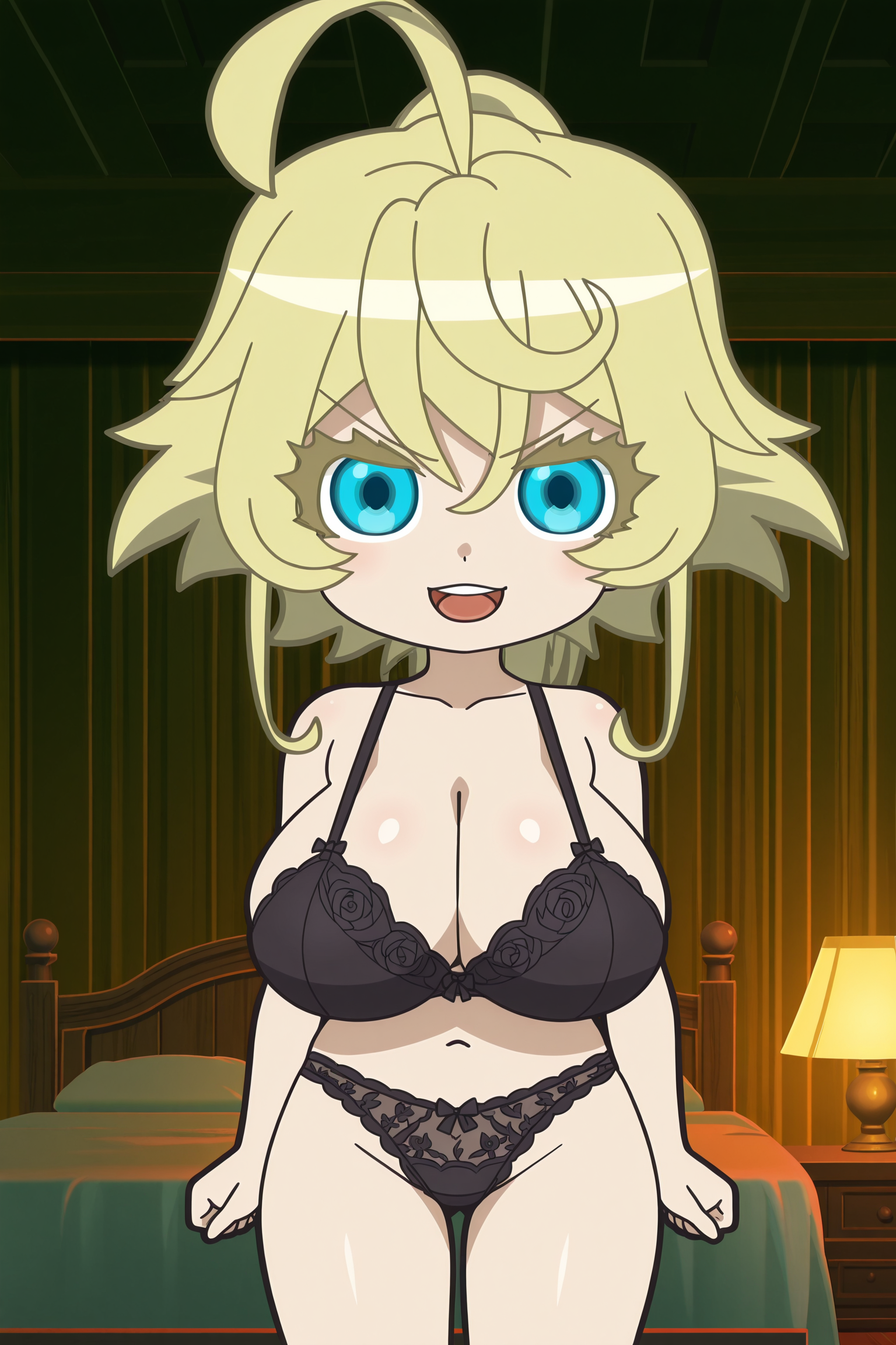 anime screencap, anime coloring, detailed face, masterpiece, best quality, very aesthetic, absurdres, volumetric lighting, official style, amazing quality, ultra detailed, highres, amazing quality, scenery, beautiful detailed hair, beautiful detailed eyes,
<lora:StS-Illustrious-Detail-Slider-v1.0:4>
mature girl, girl is 25 years old, comedically huge breasts, in a bedroom,
<lora:Tanya_Degurechaff_Isekai_Quartet:1>
Tanya Degurechaff (character), Isekai Quartet (art style), 1girl, blonde hair, tanya degurechaff, blue eyes, solo, open mouth, ahoge, chibi, parody, meme, naughty face, looking at the viewer, cowboy shot, black lace panties and bra, black garterbelt, sexy pose