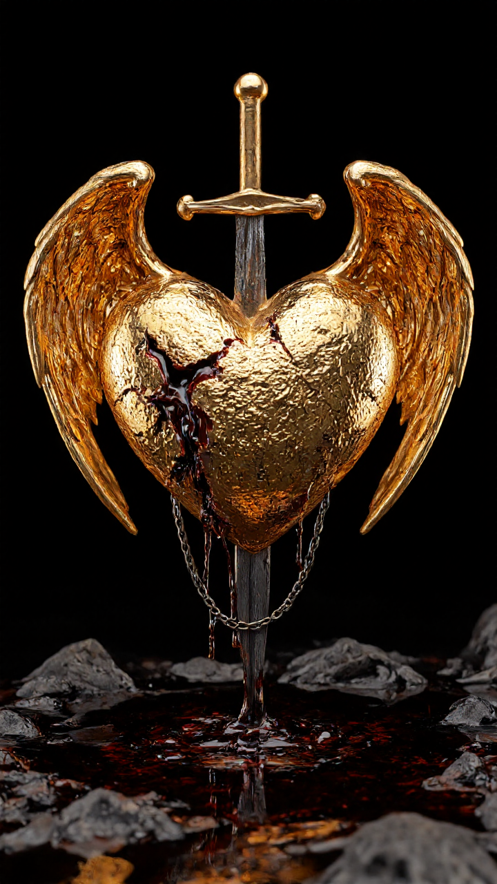 hyper-realistic CGI rendering of a golden heart-shaped object set against a dark, almost black, background. The heart is intricately designed with a metallic texture, giving it a shiny, reflective quality that catches the light. It is pierced by a sword, which is embedded through the center, and blood-like liquid is dripping from the wound, creating a dramatic effect. The sword and the heart are connected by a chain, adding a sense of restraint and tension to the image. Surrounding the heart are two sets of wings, one on either side, made of the same metallic material, adding a sense of grandeur and majesty. The wings are positioned in a way that they appear to be holding the heart up, almost as if they are protecting it. The heart is suspended in mid-air, with a pool of liquid at its base, reflecting the surrounding darkness and adding to the surreal and ominous atmosphere. The overall style of the image is highly detailed and dramatic, with a focus on the interplay of light and shadow, and the use of metallic textures to create a sense of depth and realism. ,aidmaimageupgrader, aidmaMJ6.1 <lora:aidmaMJ6.1-FLUX-v0.5:0.7> <lora:aidmaImageUprader-FLUX-v0.3:0.4>