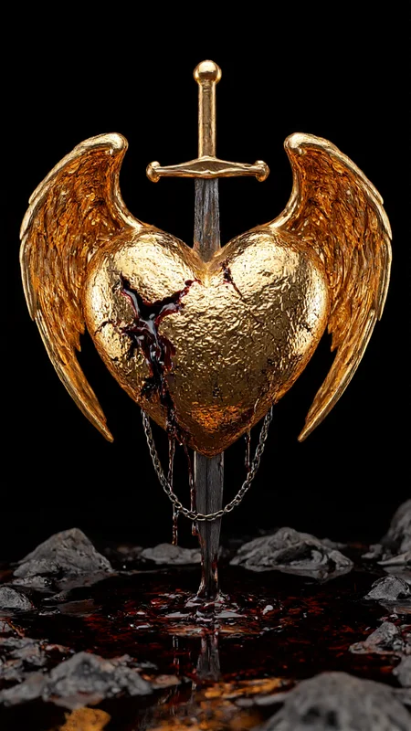hyper-realistic CGI rendering of a golden heart-shaped object set against a dark, almost black, background. The heart is intricately designed with a metallic texture, giving it a shiny, reflective quality that catches the light. It is pierced by a sword, which is embedded through the center, and blood-like liquid is dripping from the wound, creating a dramatic effect. The sword and the heart are connected by a chain, adding a sense of restraint and tension to the image. Surrounding the heart are two sets of wings, one on either side, made of the same metallic material, adding a sense of grandeur and majesty. The wings are positioned in a way that they appear to be holding the heart up, almost as if they are protecting it. The heart is suspended in mid-air, with a pool of liquid at its base, reflecting the surrounding darkness and adding to the surreal and ominous atmosphere. The overall style of the image is highly detailed and dramatic, with a focus on the interplay of light and shadow, and the use of metallic textures to create a sense of depth and realism. ,aidmaimageupgrader, aidmaMJ6.1 <lora:aidmaMJ6.1-FLUX-v0.5:0.7> <lora:aidmaImageUprader-FLUX-v0.3:0.4>