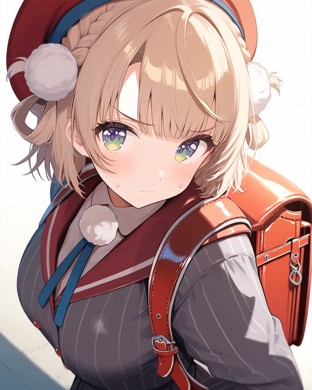 1girl,
ShigureUiVTuber,
safe, solo, dynamic angle, from side, from above,
hair rings, pom pom hair ornament,
beret,
beautiful eyes,
looking at viewer, 
side braid, shiny hair,
sweatdrop,
(randoseru),
red sailor collar,
neck ribbon, 
vertical stripes,
striped jacket, large breasts,
puffy sleeves,
collared shirt,
school yard,
depth of field,
<lora:kp_ShigureUiVTuber1stCostumeAnimagineXL_v1_0:1.0>,
masterpiece, high score, great score, absurdres