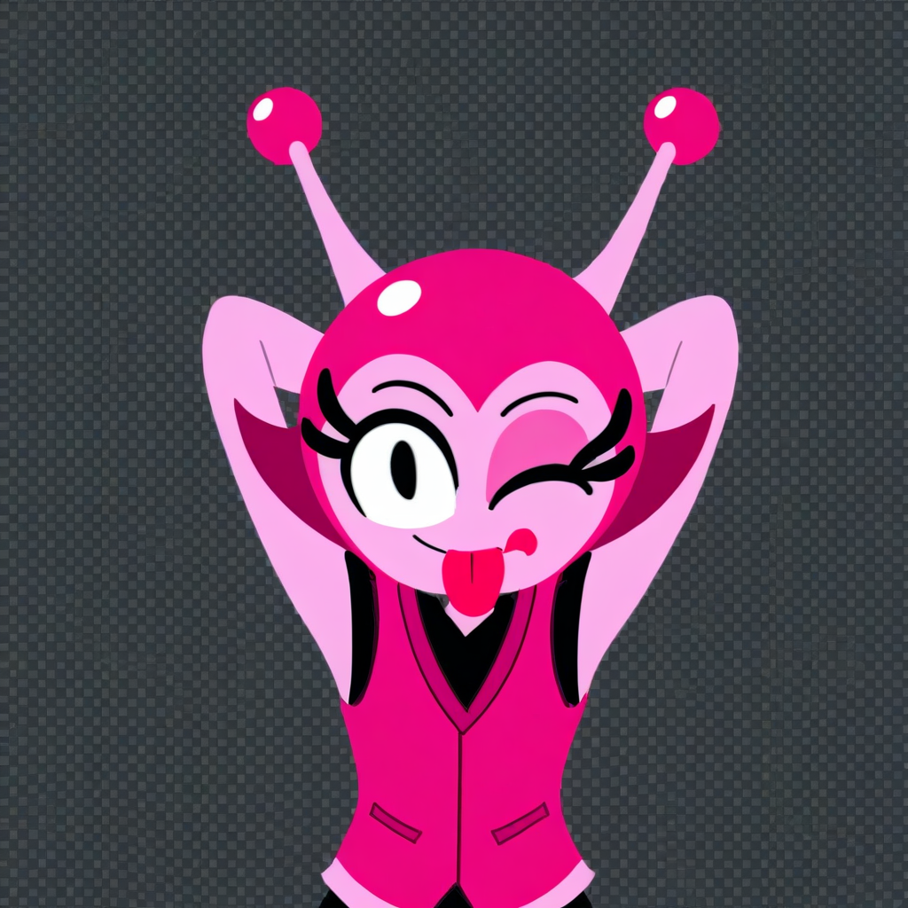 score_9, solo, mina_g, 1girl, black eyes, antennae, vest, hands behind head, looking at viewer, one eye closed, tongue