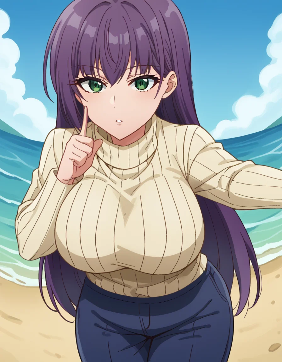 score_9, score_8_up, score_7_up, source_anime, <lora:yutaka-shinozaki-s1-ponyxl-lora-nochekaiser:1>, yutaka shinozaki, long hair, bangs, very long hair, green eyes, purple hair,, large breasts, mature female, long sleeves, pants, sweater, turtleneck, ribbed sweater, turtleneck sweater, blue pants, white sweater, beach, sunset, walking along shore, footprints in sand, waves, peaceful, , <lora:finger-to-cheek-ponyxl-lora-nochekaiser:1>, finger to cheek, index finger raised, pointing at self, bedroom, parted lips, leaning forward, bent over, cowboy shot, dutch angle,, looking at viewer, solo,, dutch angle, cowboy shot
