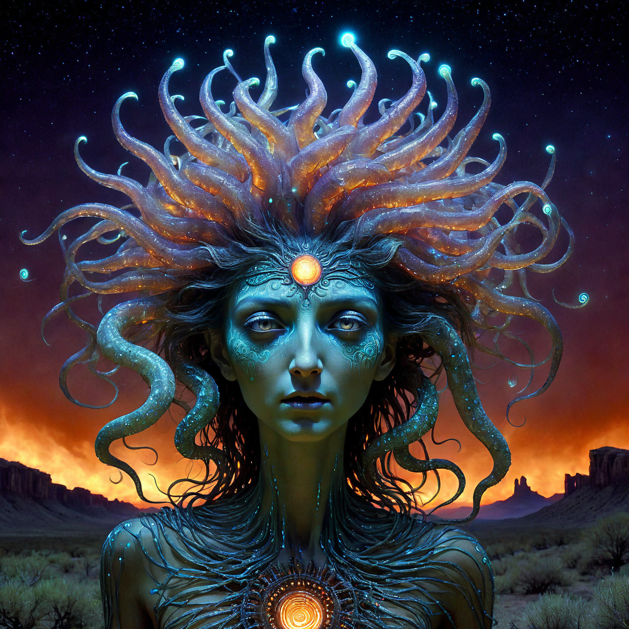 side view of a magnificent medusa jumping in a Wild West landscape, incandescent natural tumbleweeds, very detailed, intricate, Greek colour palette, dw01-3400