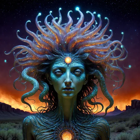 side view of a magnificent medusa jumping in a Wild West landscape, incandescent natural tumbleweeds, very detailed, intricate, Greek colour palette, dw01-3400