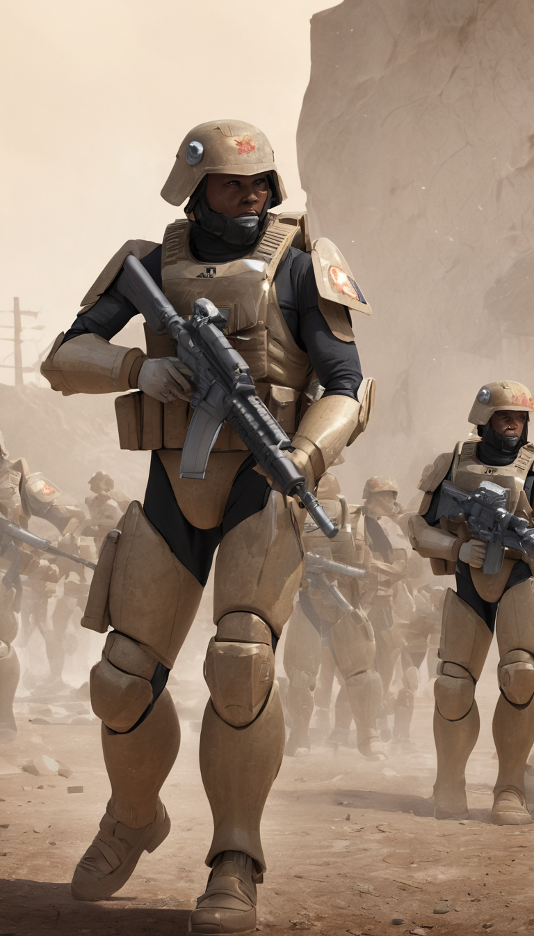 Cinematic scene, GDI troops <lora:command_and_conquer_v0.0.1:1>, detailed background, masterpiece, best quality, high quality, absurdres