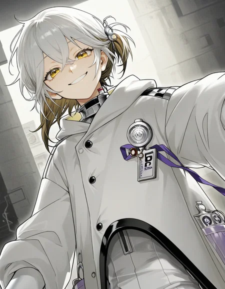 1androgynouslucy,yellow eyes,medicinepocket, smile, looking at viewer, 
( dynamic angle:0.4)
  <lora:Medicine_Pocketreverse1999:1>, (masterpiece, best quality, high quality, highres, ultra-detailed),
