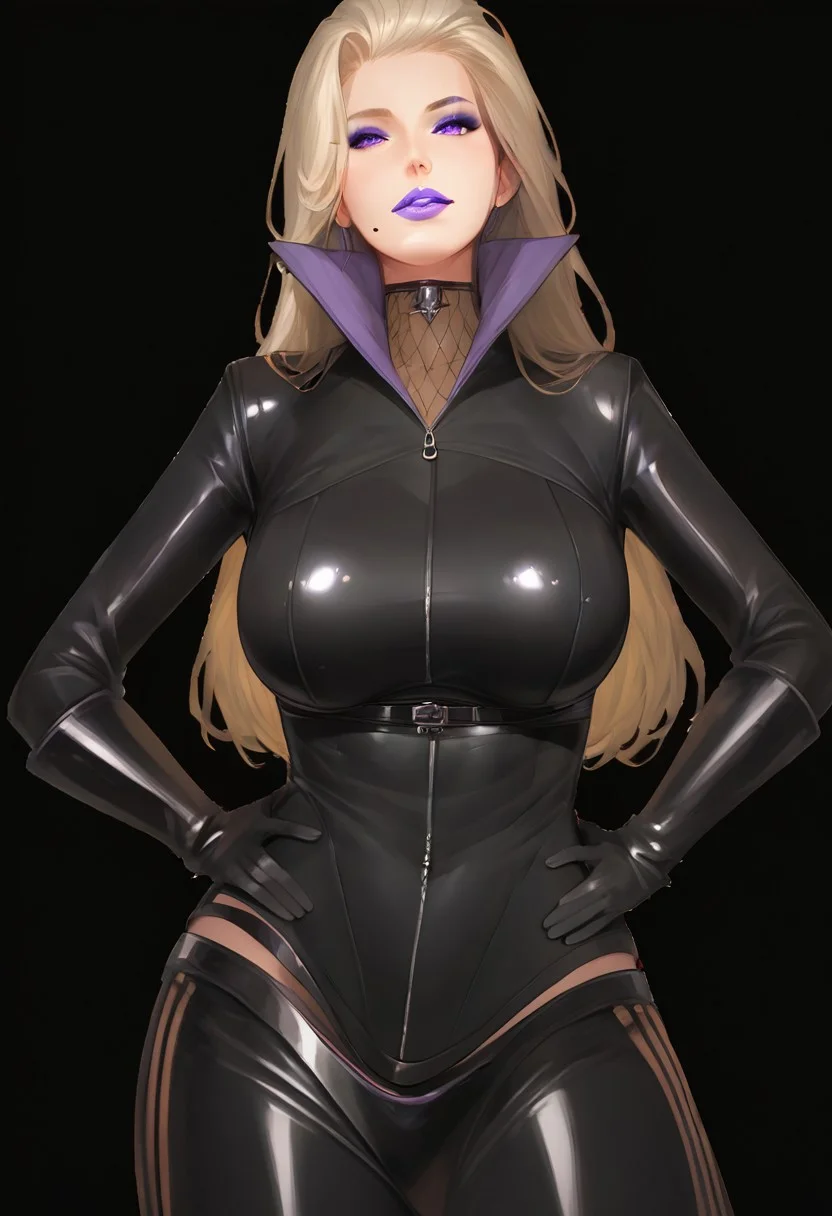 score_9, score_8_up, score_7_up, best quality, clean outlines, negative_hand, ng_deepnegative_v1_75t, easynegative,
Karen, 1girl, hands on own hips, black background, zipper, looking at viewer, simple background, purple eyes, bodysuit