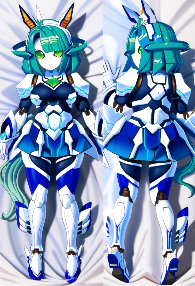 spread legs dakimakura , mechamusume, white bed sheet, 1girl, green eyes, robot, android, mechanical ears, breasts, animal ears, green hair, blue hair, no mouth, humanoid robot, tail, bangs, robot joints, horse ears  horse tail