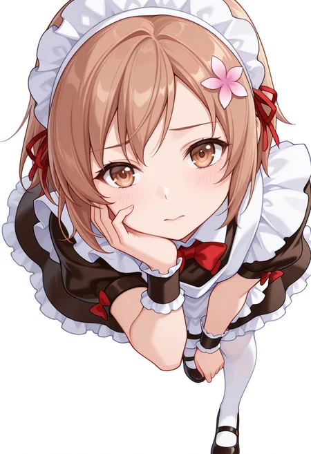 Smooth Quality,masterpiece,very intricate, high quality details, ultra realistic, high detailed skin,detailed enviorement,absurdres,
hand on own cheek,
 <lora:Yukimura_Kusunoki_CNR:0.8> yukimuria_cnr, 1girl, brown hair, short hair, brown eyes,hair flower,maid, maid headdress, apron, dress, white pantyhose,mary janes, shoes,bow,, simple background, white background, dynamic angle,solo,, d:,