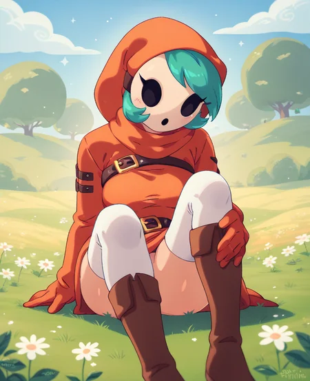 score_9, score_8_up, score_7_up, score_6_up, score_5_up, score_4_up, source_furry, qppp, shyguy, mario \(series\), breasts, clothed, clothing, female, hood, legwear, light body, light skin, mask, not furry, simple background, solo, stockings, detailed background, outside, field, eyelashes, looking at viewer, (fingertips touching:1.4), hand on knee, hand on shin, anticipation, belt
<lora:shyguy_pdxl:1>