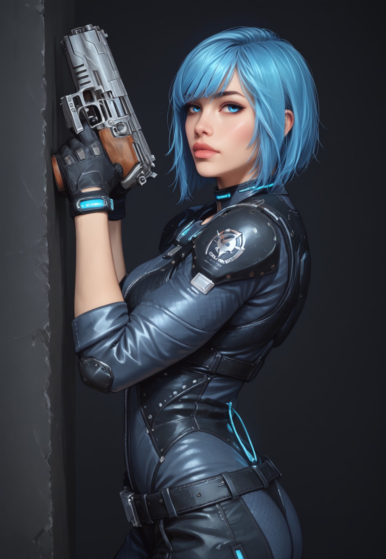 safe_pos, core_9, score_8_up, score_8, semi realistic, ultra detailed, 8k, high quality, hi res, high quality, detailed eyes, perfecteyes, detailed face, 1girl, (1girl:1.2), Nyx from Quake Champions, futuristic assassin outfit, (((pistol in hand))), pale skin, ((glowing bobcut blue hair, side bangs)), realistic, cinematic angle, cinematic lighting, athletic body, intense face, glowing blue eyes, stealthy pose
BREAK
infiltrating a high-tech corporate facility at night
BREAK
source_sci_fi_art, rating_explicit, expressive, half body, ((side view, dynamic pose))
BREAK
detailed beautiful background, futuristic architecture, neon lights, advanced security systems, holographic displays, dark shadows, tense atmosphere
(((full clothed)))