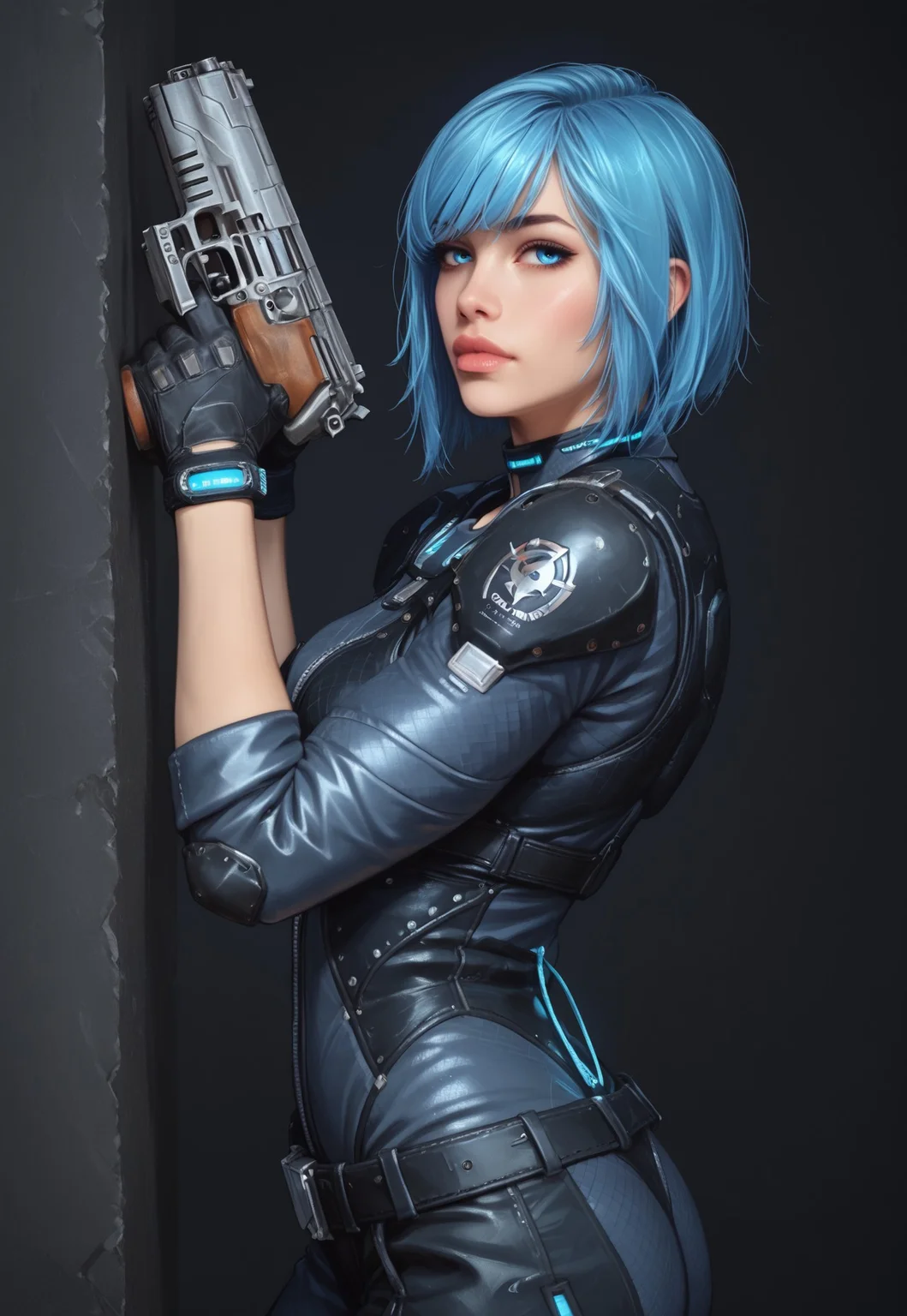 safe_pos, core_9, score_8_up, score_8, semi realistic, ultra detailed, 8k, high quality, hi res, high quality, detailed eyes, perfecteyes, detailed face, 1girl, (1girl:1.2), Nyx from Quake Champions, futuristic assassin outfit, (((pistol in hand))), pale skin, ((glowing bobcut blue hair, side bangs)), realistic, cinematic angle, cinematic lighting, athletic body, intense face, glowing blue eyes, stealthy pose
BREAK
infiltrating a high-tech corporate facility at night
BREAK
source_sci_fi_art, rating_explicit, expressive, half body, ((side view, dynamic pose))
BREAK
detailed beautiful background, futuristic architecture, neon lights, advanced security systems, holographic displays, dark shadows, tense atmosphere
(((full clothed)))