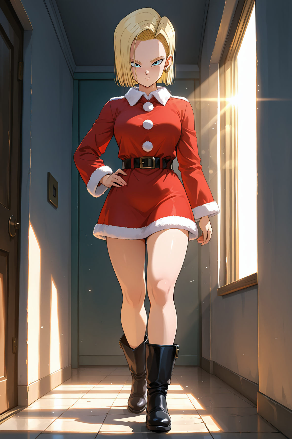 masterpiece, best quality, amazing quality, very aesthetic, absurdres, newest, (scenery, volumetric lighting), dappled sunlight, light particles, light rays, lens flare, android 18, santa_claus_outfit, 1girl, solo, short hair, blue eyes, blonde hair, long sleeves, dress, closed mouth, standing, full body, boots, black footwear, fur trim, short dress, hand on hip, red dress, christmas, santa costume, black belt, fur-trimmed dress, santa dress <lora:android_18_v3-10:0.8>
