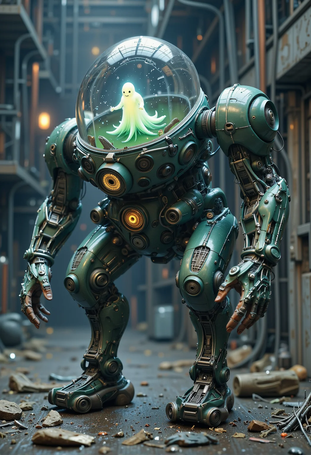 Haunted mech, cracked cockpit, ghostly aura, faded insignia, shattered limbs <lora:Midjourney_Dreamlike_Fantasy_FLUX_LoRA.safetensors:0.3>, <lora:Cyberpunk Realistic V1.safetensors:0.4>, <lora:fishtank-head-flux-000027.safetensors:1.0>,