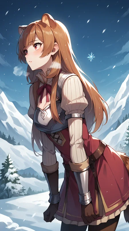 score_9,score_8_up,score_7_up,score_6_up, source_anime, zPDXL, <lora:xl_more_art-full_v1:0.5>, girl, raccoon girl, raccoon ears, raccoon tail, animal ears, long hair, brown hair, bangs, red eyes, armor, breastplate, sweater, ribbon, long sleeves, red dress, skirt, <lora:Raphtalia - Pony-000004:0.8>, head down, snowy mountains, snowing, snowflakes, ice, cold, frozen, visible breath, snowstorm,