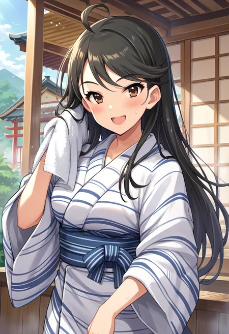 score_9, score_8_up, score_7_up, source_anime,kirino aya, black hair, long hair, brown eyes, 1girl, solo, towel, japanese clothes, kimono, yukata, open mouth, ahoge, smile, looking at viewer, blush