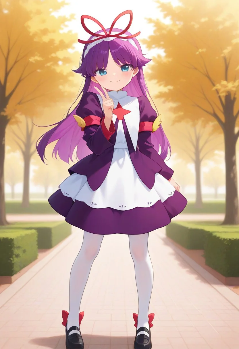 <lora:PFeli_SDXL_Illustrious01_fp16_ver01:1>,PFeli, 1girl, long hair,purple hair, white pantyhose, dress,red ribbon, blue eyes, black footwear, long sleeves, red bow, hairband, cute pose, smile, standing, park, look at viewer, lovely, cute, adorable, newest, masterpiece, best quality, very aesthetic, absurdres,<lora:detailed_hands:1>,hand