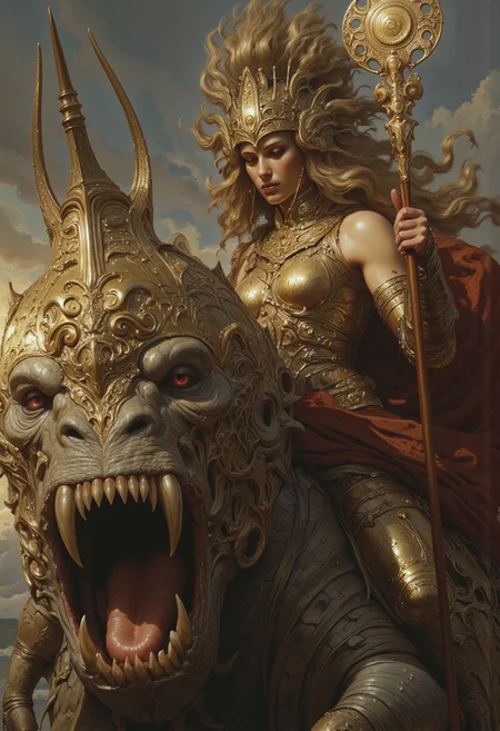 score_9, score_8_up, score_7_up, 8k high quality digital painting, masterpiece, very detailed, ultra realistic, (best quality) very detailed epic masterpiece, boris vallejo style, frank frazetta style, realistic oil painting, retro artstyle, full body, side view, backlight, fairytale-like, realistic detailed oil painting style Rembrandt style, Vermeer style, heroic fantasy, realistic, realism, full body, a beautiful female fantasy warrior rides a octopus-like monster with large teeth. The monster's face is painted with golden patterns, roars and bares sharp teeth and a long tongue. The woman is scantily clad with gold ornaments and holds a staff studded with precious stones in her hand, which emits a bright light. sunset, the low sun casts long shadows, romantic environment, full body <lora:RPGv6-itr15.safetensors:1.0:1.0> <lora:Hand v2.safetensors:0.1:0.1> <lora:Watercolor V2E5.safetensors:0.7000000000000001:0.7000000000000001>