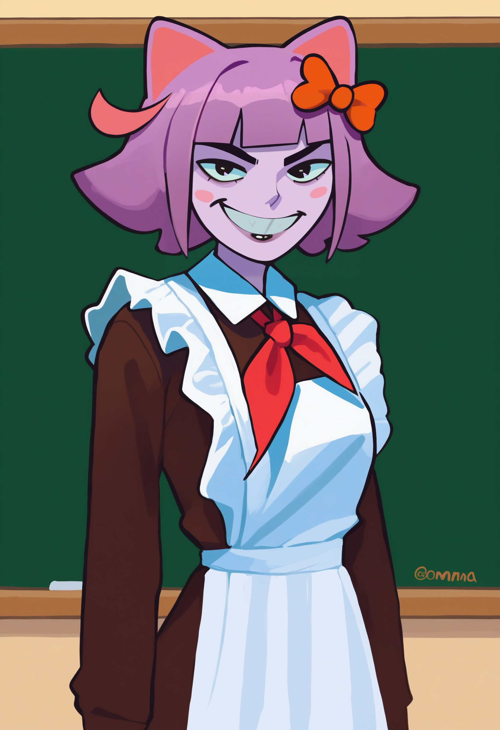 score_9, score_8_up,score_7_up, score_6_up,source_anime, BREAK yom style, by yomu, solo, Soviet schoolgirl uniform, frilled apron, frilled hair scrunchie, red neckerchief, smile, school blackboard,  <lora:Soviet_Schoolgirl_Uniform:0.8>
masunya, masyunya (vkontakte), masyunya /(vkontakte/), cat ears, purple skin color, hair bow,  <lora:masunya-masyunya_ponyXL_v1:0.6>
(evil grin:1.3)