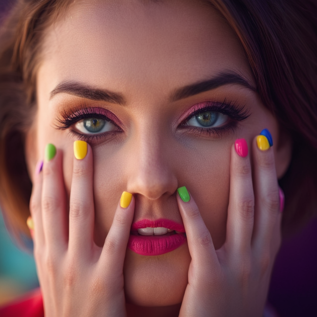cinematic film still of  <lora:perfection style:0.1>
 <lora:detailed:0.3>
 <lora:Chiaroscuro Lighting Style:0.3>
 <lora:hand 4:0.3>
A detailed and A perfect photo of a woman with colorful nails covering her eyes, shallow depth of field, vignette, highly detailed, high budget, bokeh, cinemascope, moody, epic, gorgeous, film grain, grainy