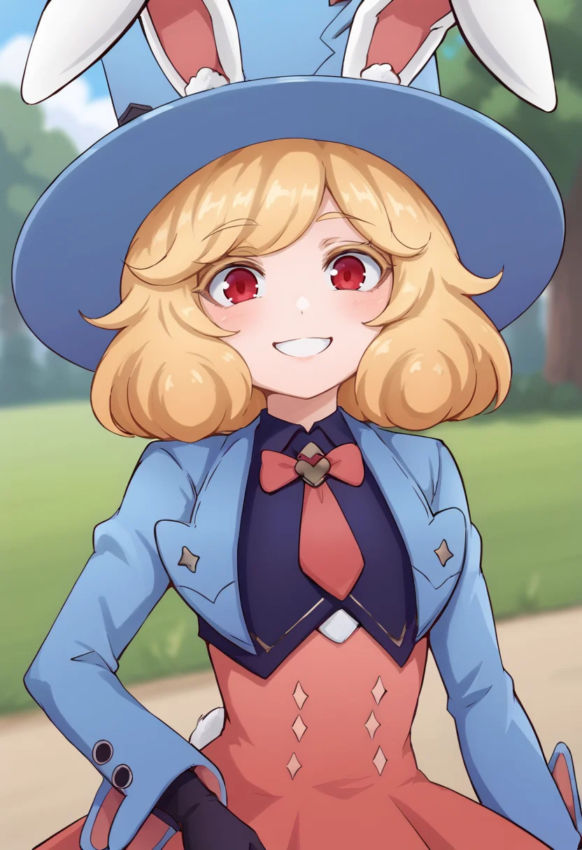 <lora:Finii-05:1> finii, blonde hair, red eyes, rabbit ears, blue jacket, dress, blue headwear, short hair, long sleeves, gloves, black gloves, animal ears, hat, upper body, smile, outdoors,