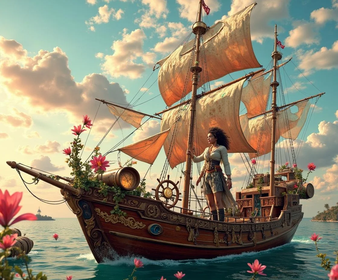 <lora:Haunted_Hotel_Concept__Flux-000009.safetensors:1> Art Deco, creepy, scary, haunted, Hotel Cortez
In a sky where clouds swirl like cotton candy and the sun casts a golden glow, a whimsical sailboat drifts lazily among the floating flora. The ship, an eccentric blend of historical and futuristic elements, is a testament to the fusion of eras. Its hull, crafted from polished wood that gleams under the dreamy sky, is adorned with intricate carvings of mythical creatures and floral motifs. The sails, a patchwork of vibrant silks and advanced synthetic materials, billow in the gentle breeze, their colors a rainbow of reds, blues, and purples.
The deck is a treasure trove of artifacts and curiosities. Ancient cannon barrels, engraved with runes and symbols, sit alongside sleek, futuristic navigational devices that glow with a soft, ethereal light. A wooden steering wheel, its spokes worn smooth by the hands of countless captains, is entwined with delicate vines that seem to pulse with life. Around the ship, floating flowers of every hue drift gently, their petals shimmering with an otherworldly luminescence.
The captain, a middle-aged woman with a swarthy complexion and a mane of wild, curly hair, stands at the helm, her eyes gleaming with a mix of adventure and mischief. She wears a patchwork outfit that combines the styles of a pirate and a modern explorer: a tailored jacket made of antique brocade, leather boots, and a utility belt adorned with an array of gadgets. Her presence is both commanding and playful, a perfect match for the surreal world in which she sails.
Above, the sky is a tapestry of cotton candy clouds and swirling mists, painted in a palette of pastel pinks, blues, and purples. The horizon is dotted with distant islands that seem to materialize and dematerialize in the blink of an eye, adding to the dreamlike quality of the scene. It is a place where time and reality bend, and the boundaries between past, present, and future dissolve into a harmonious and enchanting whole.