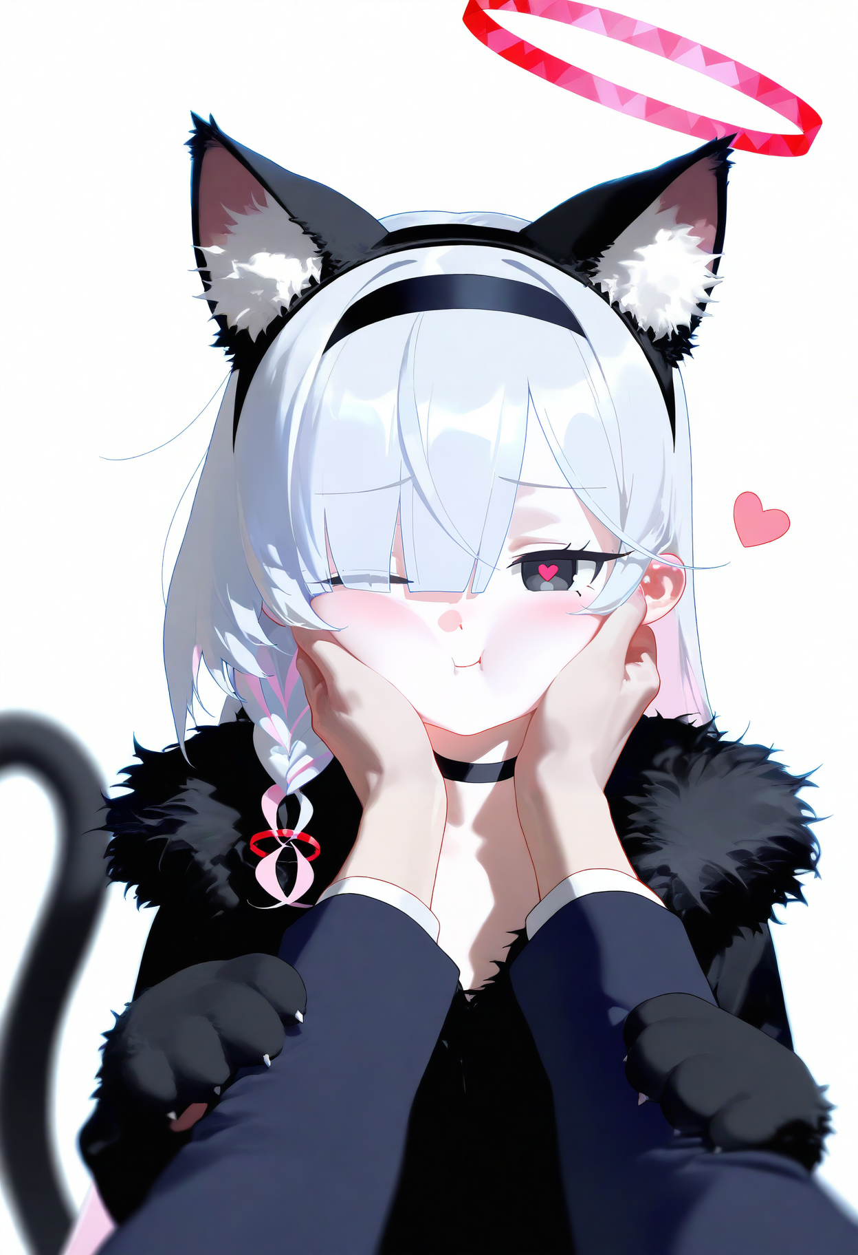 masterpiece, best quality, good quality, very awa, nyalia,
1girl, animal hands, animal ears, plana \(blue archive\), heart, halo, pov hands, black eyes, paw gloves, cat ears, pov, gloves, black hairband, long hair, cheek squash, hand on another's face, red halo, cat paws, hand on another's cheek, black choker, fur trim, hairband, symbol-shaped pupils, one eye closed, colored inner hair, braid, hair over one eye, multicolored hair, choker, looking at viewer, single braid, solo focus, pink hair, white background, white hair, fake animal ears, simple background, heart-shaped pupils, blush, red pupils, 1boy, upper body, closed mouth, pink pupils, pink halo, tail, cheek press, cat tail, black gloves, 1other, two-tone hair, alternate costume, smile, animal ear fluff, sensei (blue archive), black coat, grey hair, long sleeves, pout,
<lora:ai_styles_collection_noob_vpred-0.6_v3:1>