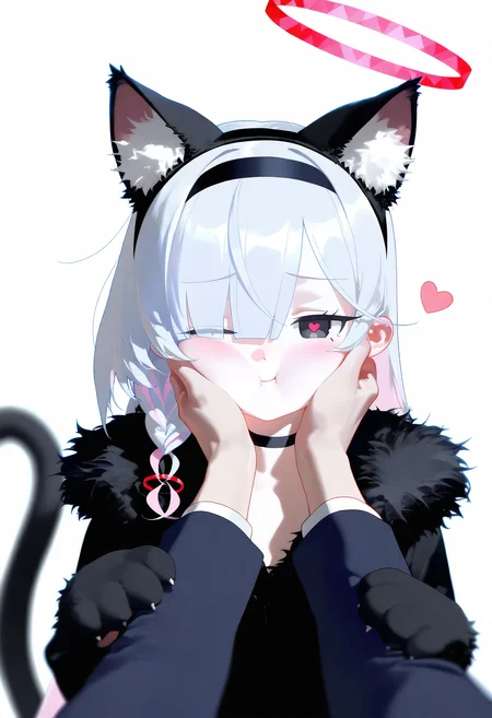 masterpiece, best quality, good quality, very awa, nyalia,
1girl, animal hands, animal ears, plana \(blue archive\), heart, halo, pov hands, black eyes, paw gloves, cat ears, pov, gloves, black hairband, long hair, cheek squash, hand on another's face, red halo, cat paws, hand on another's cheek, black choker, fur trim, hairband, symbol-shaped pupils, one eye closed, colored inner hair, braid, hair over one eye, multicolored hair, choker, looking at viewer, single braid, solo focus, pink hair, white background, white hair, fake animal ears, simple background, heart-shaped pupils, blush, red pupils, 1boy, upper body, closed mouth, pink pupils, pink halo, tail, cheek press, cat tail, black gloves, 1other, two-tone hair, alternate costume, smile, animal ear fluff, sensei (blue archive), black coat, grey hair, long sleeves, pout,
<lora:ai_styles_collection_noob_vpred-0.6_v3:1>