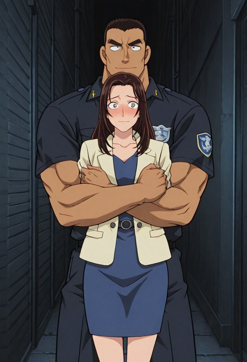 Anime, quality,high quality,masterpiece,extremely detailed,correct anatomy,best aesthetic, detailed face, (EyesHD), (duo), outdoor, narrow city alley, dark, at night, (1man, man taller male, man large pectorals, man muscular body, man crew cut, solid pupils:1.5, man black short hair, Date Wataru, man dark navy police uniform, man dark navy police shirt, dark navy pants, man soft smile face, man hugging, man tanned skin, man looking at girl), BREAK, (1girl, nastumi01, girl long hair, girl brown hair, girl light yellow jacket, girl blue pencil skirt, girl blue dress, girl blush, girl shy face, girl pretty face, girl slender body)