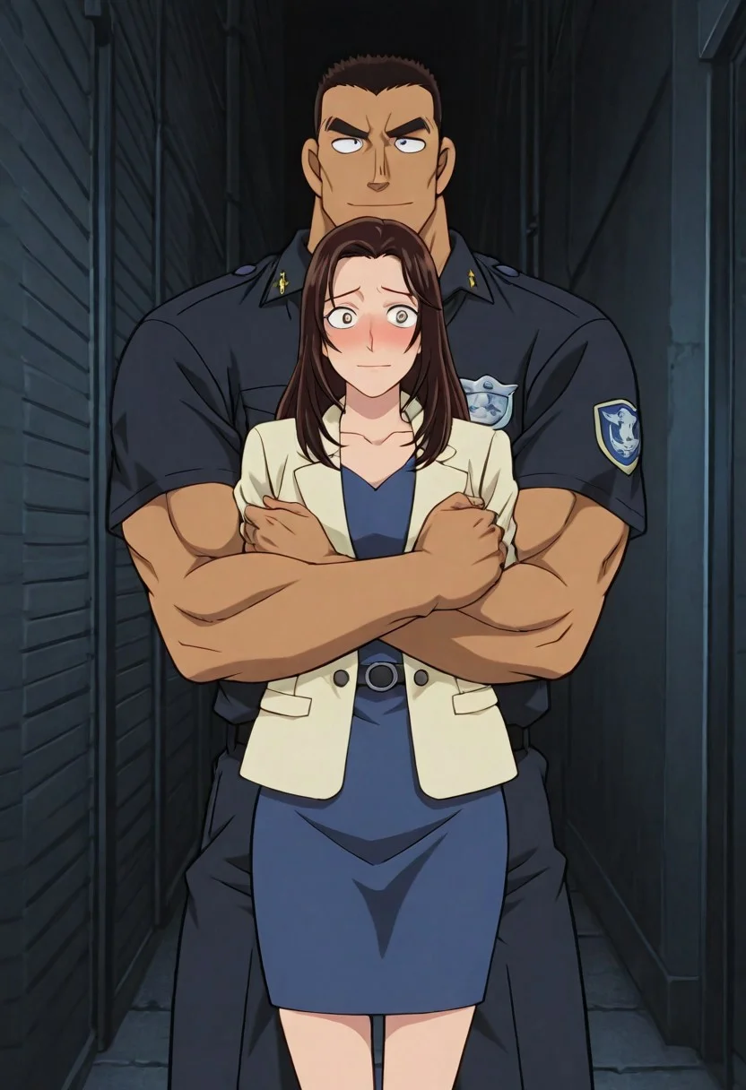 Anime, quality,high quality,masterpiece,extremely detailed,correct anatomy,best aesthetic, detailed face, (EyesHD), (duo), outdoor, narrow city alley, dark, at night, (1man, man taller male, man large pectorals, man muscular body, man crew cut, solid pupils:1.5, man black short hair, Date Wataru, man dark navy police uniform, man dark navy police shirt, dark navy pants, man soft smile face, man hugging, man tanned skin, man looking at girl), BREAK, (1girl, nastumi01, girl long hair, girl brown hair, girl light yellow jacket, girl blue pencil skirt, girl blue dress, girl blush, girl shy face, girl pretty face, girl slender body)
