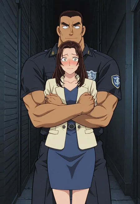 Anime, quality,high quality,masterpiece,extremely detailed,correct anatomy,best aesthetic, detailed face, (EyesHD), (duo), outdoor, narrow city alley, dark, at night, (1man, man taller male, man large pectorals, man muscular body, man crew cut, solid pupils:1.5, man black short hair, Date Wataru, man dark navy police uniform, man dark navy police shirt, dark navy pants, man soft smile face, man hugging, man tanned skin, man looking at girl), BREAK, (1girl, nastumi01, girl long hair, girl brown hair, girl light yellow jacket, girl blue pencil skirt, girl blue dress, girl blush, girl shy face, girl pretty face, girl slender body)