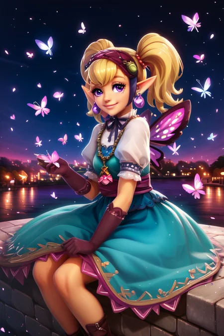score_9, score_8_up, score_8, medium breasts, (curvy), cute, eyelashes, BREAK, , <lora:Agitha_Zelda_PDXL:1.0>, zzAgitha, purple eyes, blonde hair, twintails, pointy ears, jewelry, earrings, gloves, dress, butterfly wings, , BREAK, zzEiffelTower in background, sitting, watercraft, boat, sitting on wall, side view, looking at viewer, smile, BREAK, blooming stars, luminescent petals, otherworldly fragrance blurry background, embedding:zPDXL, Expressiveh, <lora:EiffelTowerPDXL:0.8>, <lora:CatalystStylePDXL:0.6>, <lora:SDXLFaeTastic2400:0.5>, <lora:Expressive_H-000001:0.4>,