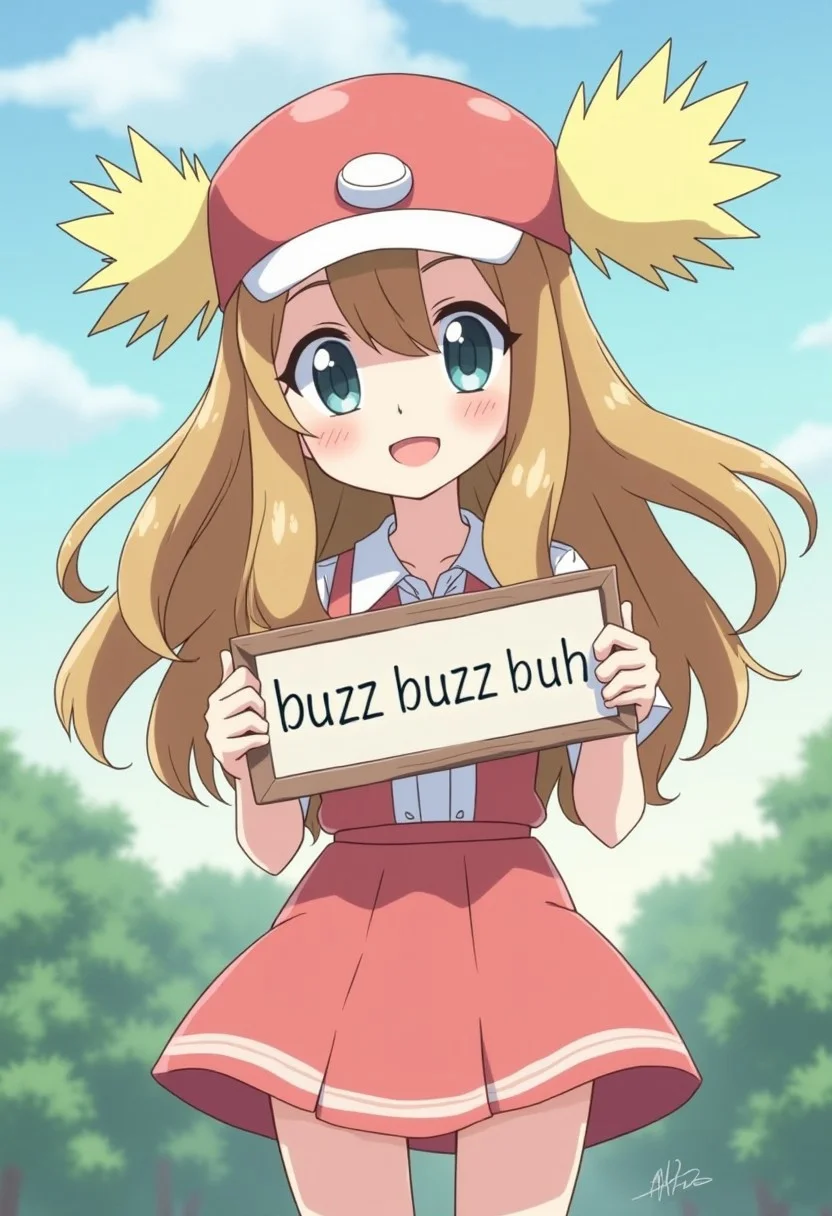 anime girl from pokemon series holding sign it say "buzz buzz buzz" , pokemon style