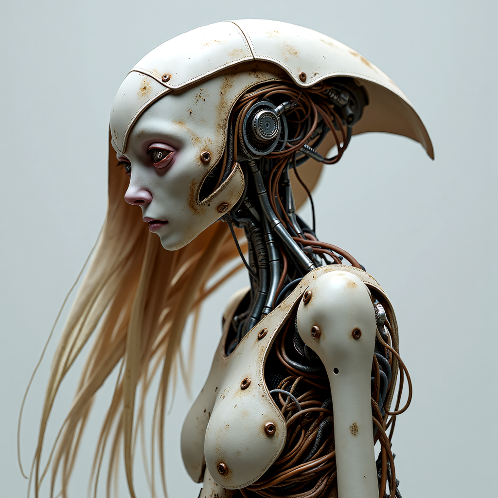[The image depicts a female humanoid figure with a blend of organic and mechanical features, characteristic of the biopunk genre. The subject has a slender, elongated body with a mix of smooth, pale skin and metallic or synthetic components integrated into her limbs and torso. Her face is partially obscured by a hood or a mask, with unsettling, almost artificial eyes that hint at the fusion of human and machine. Long, flowing hair cascades down her back, with some strands appearing to be made of a synthetic material. A series of wires, tubes, or circuits are visible beneath her skin, suggesting a complex network of biotechnology and cybernetic enhancements. The overall design exudes a sense of decay and neglect, with visible signs of wear and tear on the mechanical components, creating a sense of unease and foreboding. The image suggests a world where humans have begun to merge with machines, blurring the lines between biology and technology, and may be interpreted as a commentary on the ethics of biotechnology.  <lora:scifi/moxiePunk_v20.safetensors:1.0>,