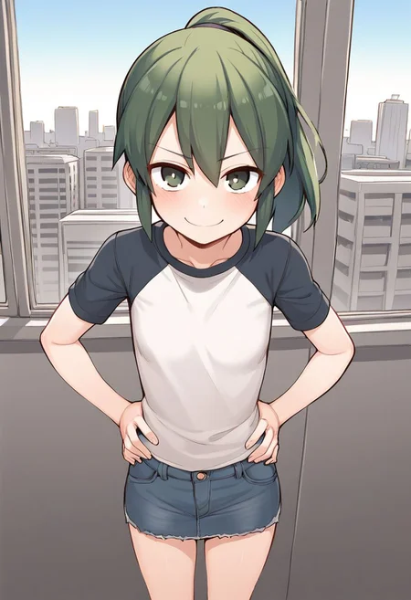BREAK score_9, score_8_up, score_7_up, BREAK   <lora:HyLper-Accelerate-PAseer:1>,source_anime, best quality, masterpiece, uncensored,(clear eyes:1.2),(4 finger:0.5),zPDXLpg
<lora:igarashi_futaba_XL-bf16-pony-v1:1>igarashi futaba \(shiromanta\), looking at viewer, smile, standing, hands on waist, (t-shirt, raglan sleeves, denim, denim skirt, bare legs), office, daytime, window, city view, buildings.