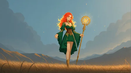 Cindy_Pyrosa, outdoor Scottish highlands, vivid sunset hues, fantasy setting. A striking redhead woman, (distinctly Scottish), wearing an elaborate elven inspired gown is a fusion of deep emerald green and earthy browns, with intricate Celtic knotwork embroidery in gold thread, Flowing sleeves, a fitted bodice+, short skirt, fiery red hair is styled in a cascade of loose curls, green eye, stands atop a grassy knoll, overlooking a misty loch. In her hands, she holds an ancient, rune carved staff, emanating a soft, other worldly glow., (style of Daniela Uhlig, Fantasy Portraiture, Bold Colors, Soft Lighting, Feminine Figures, Digital Realism:0.9)