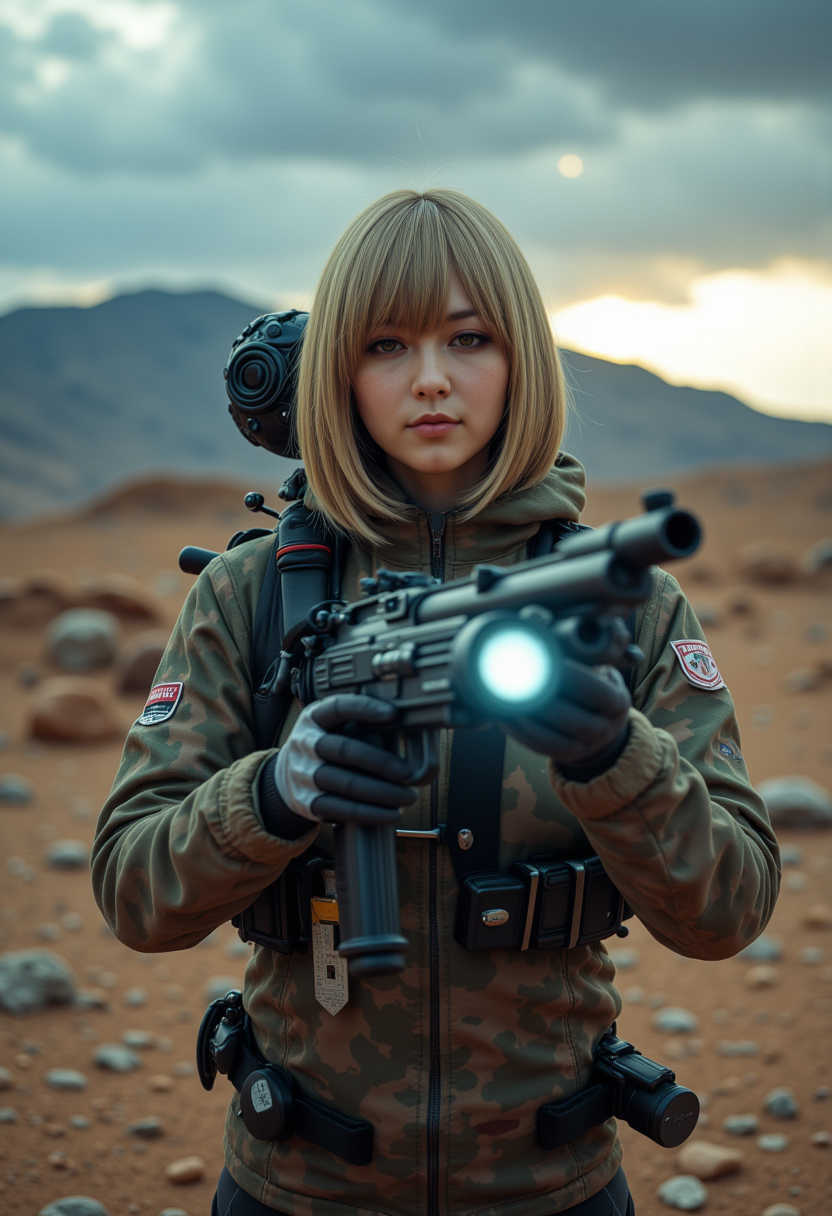 She is approximately 18 years old, dynamic angles,photoshoot poses, The image shows a young woman in a space suit, holding a futuristic laser gun. She is standing on a desolate planet, the Earth is  visible in the background. The woman has shoulder-length blonde hair and is looking directly at the camera with a serious expression on her face. She has a futuristic backpack on her back, it's glowing.  she is wearing a futuristic combat armor, she is in an epic battle, The sky is dark and cloudy, with a bright light shining down on the woman. she is firing her laser gun at an unseen enemy, The overall mood of the image is intense and dramatic,RAW candid cinema,16mm,color graded portra 400 film,remarkable color,ultra realistic,textured skin,remarkable detailed pupils,realistic dull skin noise,visible skin detail,skin fuzz,dry skin,shot with cinematic camera,detailed skin texture,(blush:0.2),(goosebumps:0.3),subsurface scattering,beautiful photograph in the style of Augustus John,Sergio Toppi,Virginia Frances Sterrett,8k HD,detailed skin texture,ultra realistic,textured skin,analog raw photo,cinematic grain,whimsical.perfection style,aidmareduxstyle, she is smiling, smiling