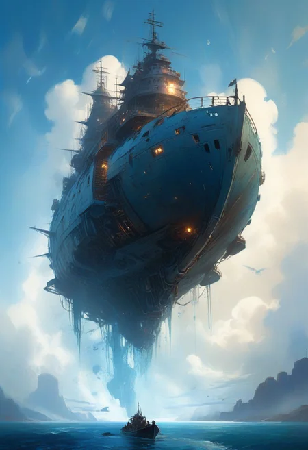 masterpiece, best quality, SilverPulse, cinematic lighting, 
surreal scifi theme, Distant shot, a magic flying ship, above the clouds, in the far distance, brilliant blue sky, stunning, epic magnificent beautiful, realistic, sunbeams, organic tracery, perfect composition, dreamy, digital painting, artstation, concept art, smooth, sharp focus, illustration, Carne Griffiths, pixar, Michael Garmash, Frank Frazetta, Victo ngai, Jean Monge, no humans , cold textures, extremely detailed, dynamic, great lighting, perfect shading, atmospheric, stylized, clear, surreal, ultra quality, 8k,
depth of field,