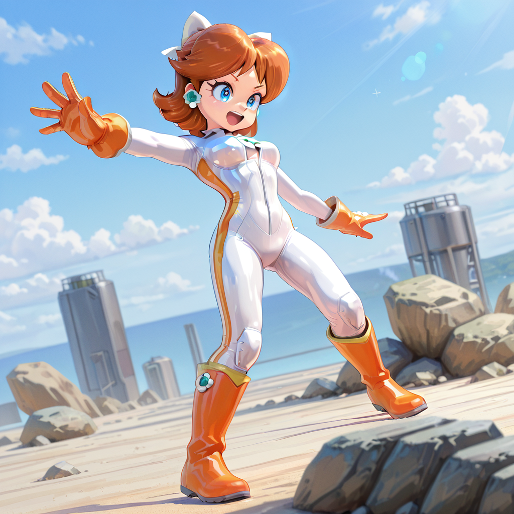 1girl, daisymkwbiker <lora:Daisy MKW Adventure Outfits Illustrious V2:1>, white body suit, orange gloves, orange boots