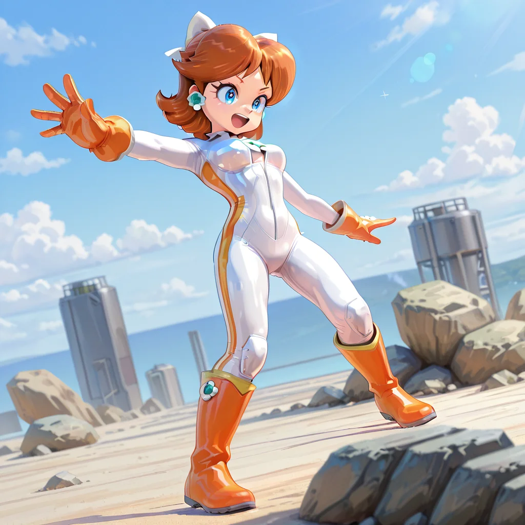 1girl, daisymkwbiker <lora:Daisy MKW Adventure Outfits Illustrious V2:1>, white body suit, orange gloves, orange boots